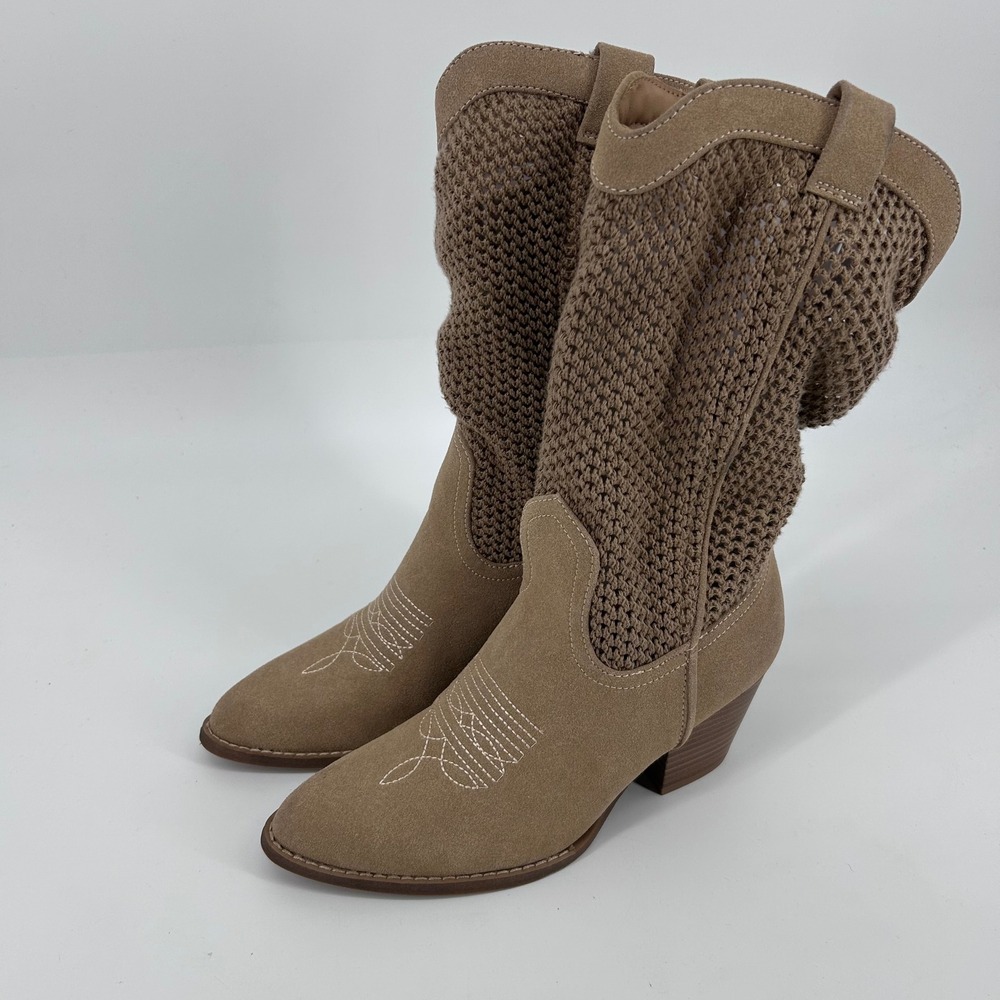 Taupe Faux Suede Crochet Knit Western Boots Pointed Toe Block Heel 8.5